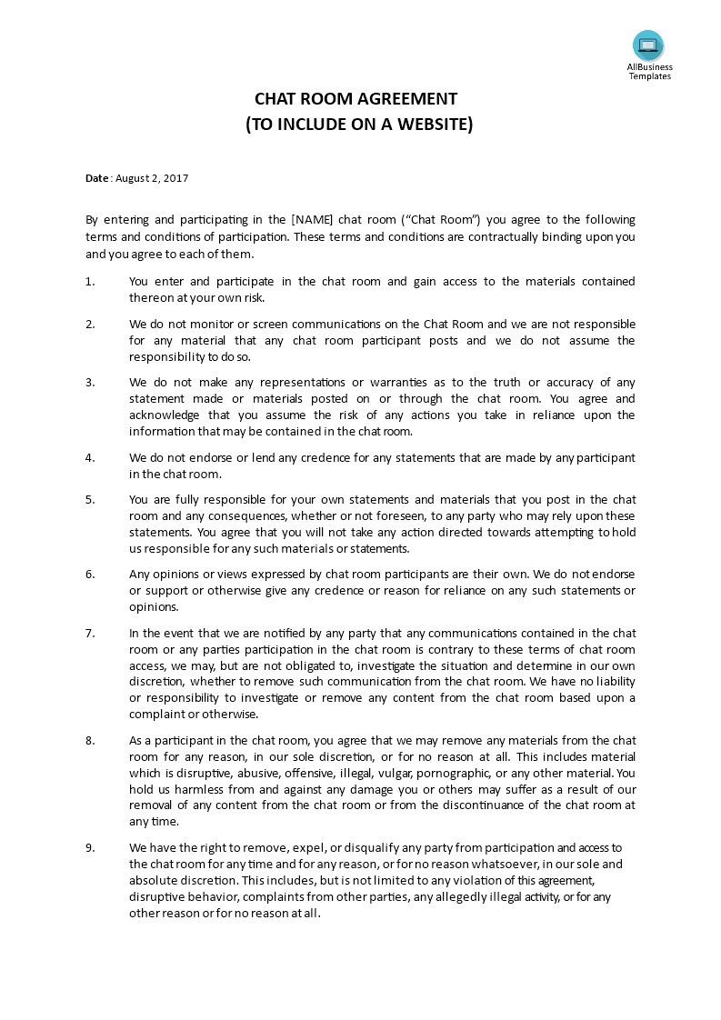 chat room agreement template