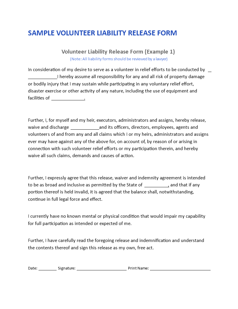 Volunteer Liability Release Form main image