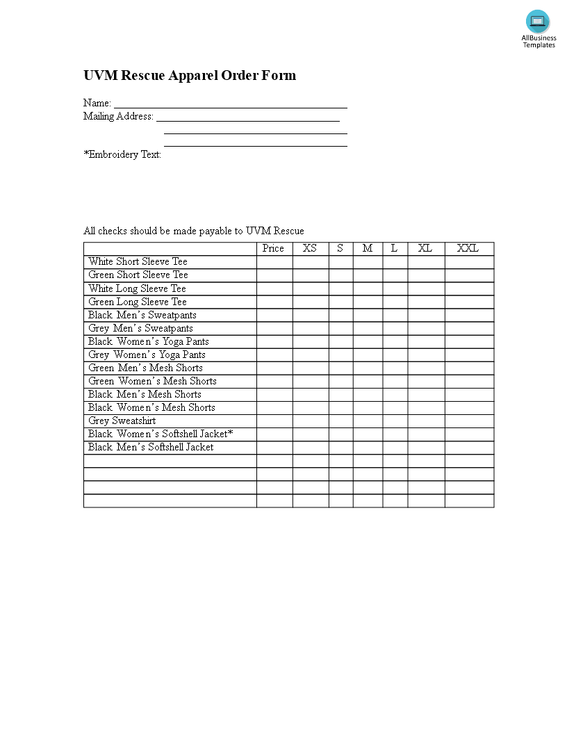 apparel order sample form template