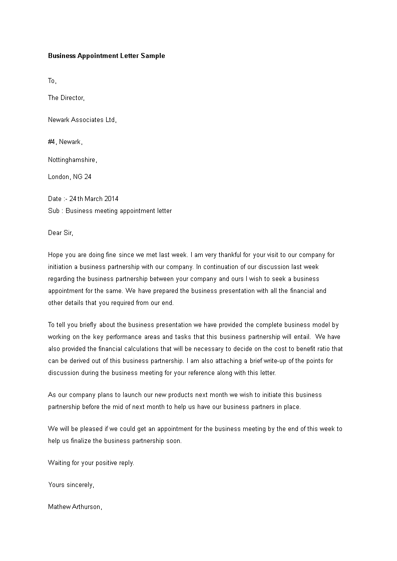 Business Appointment Letter Sample main image