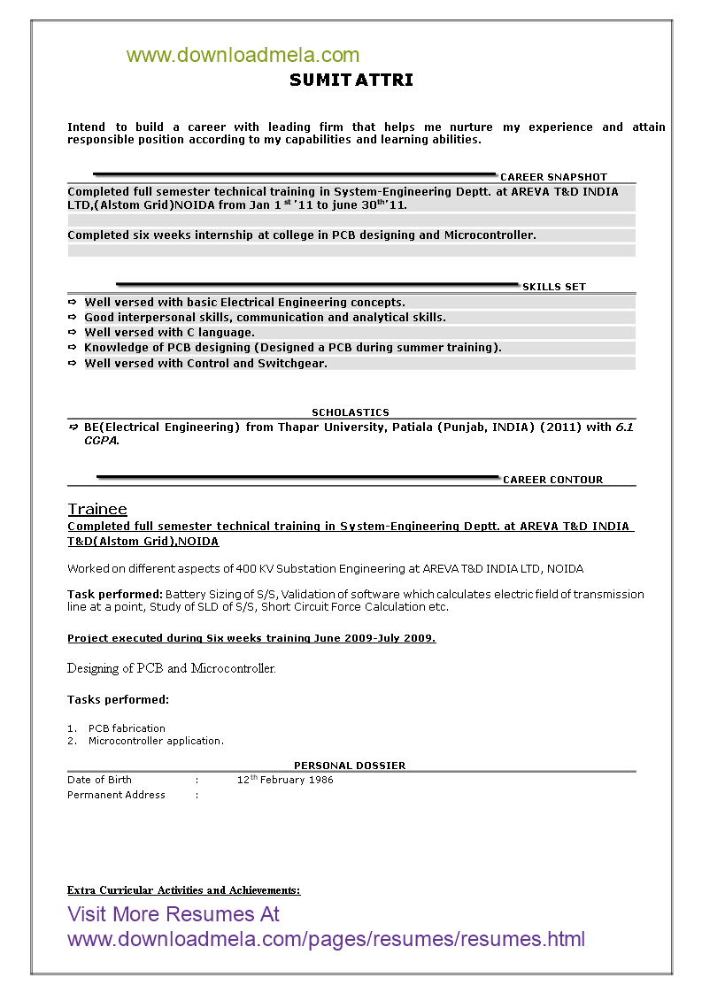 resume format for fresher electrical engineer template