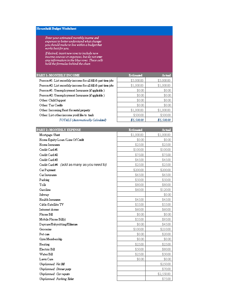 household budget excel format template