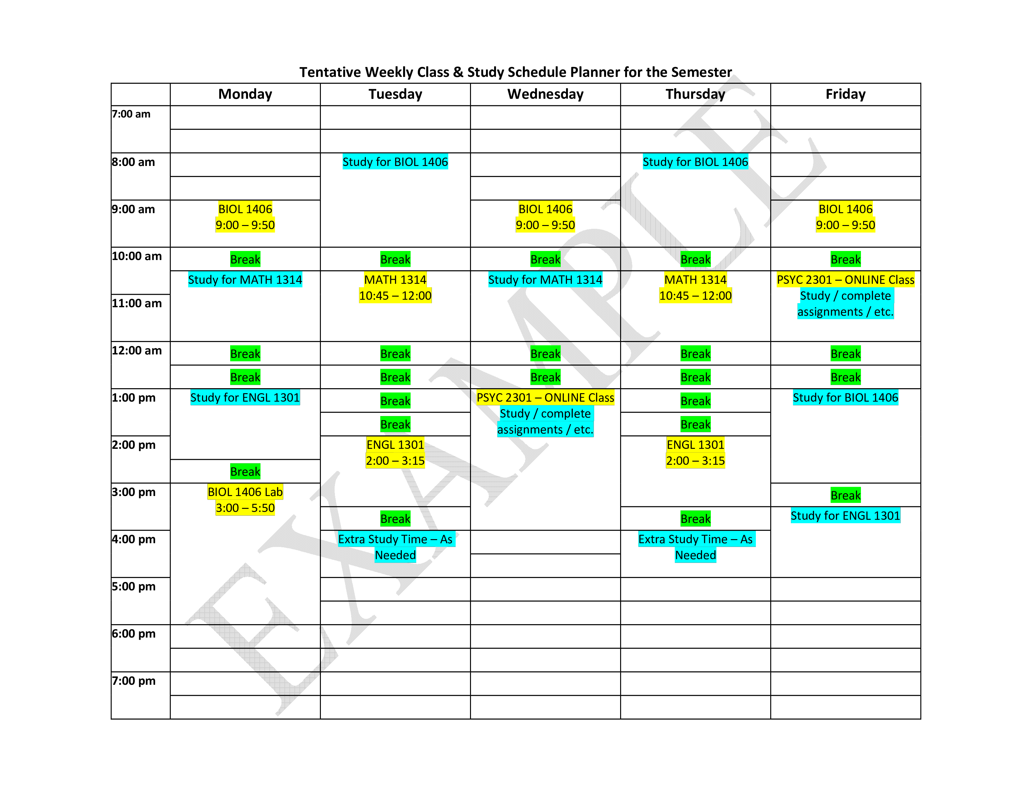 sample class schedule modèles