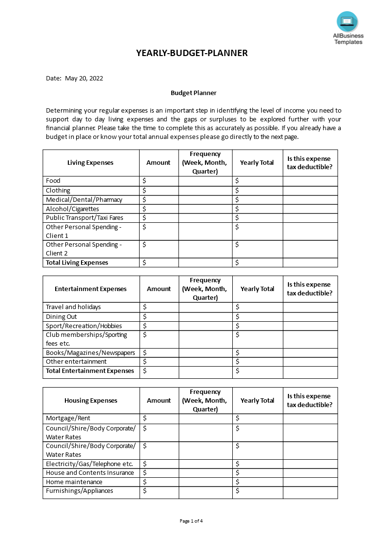 budget planner yearly template