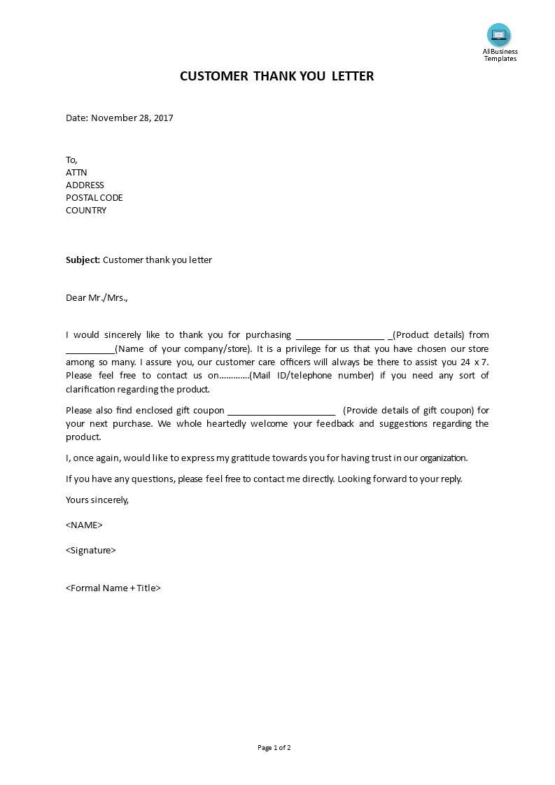 customer thank you letter template