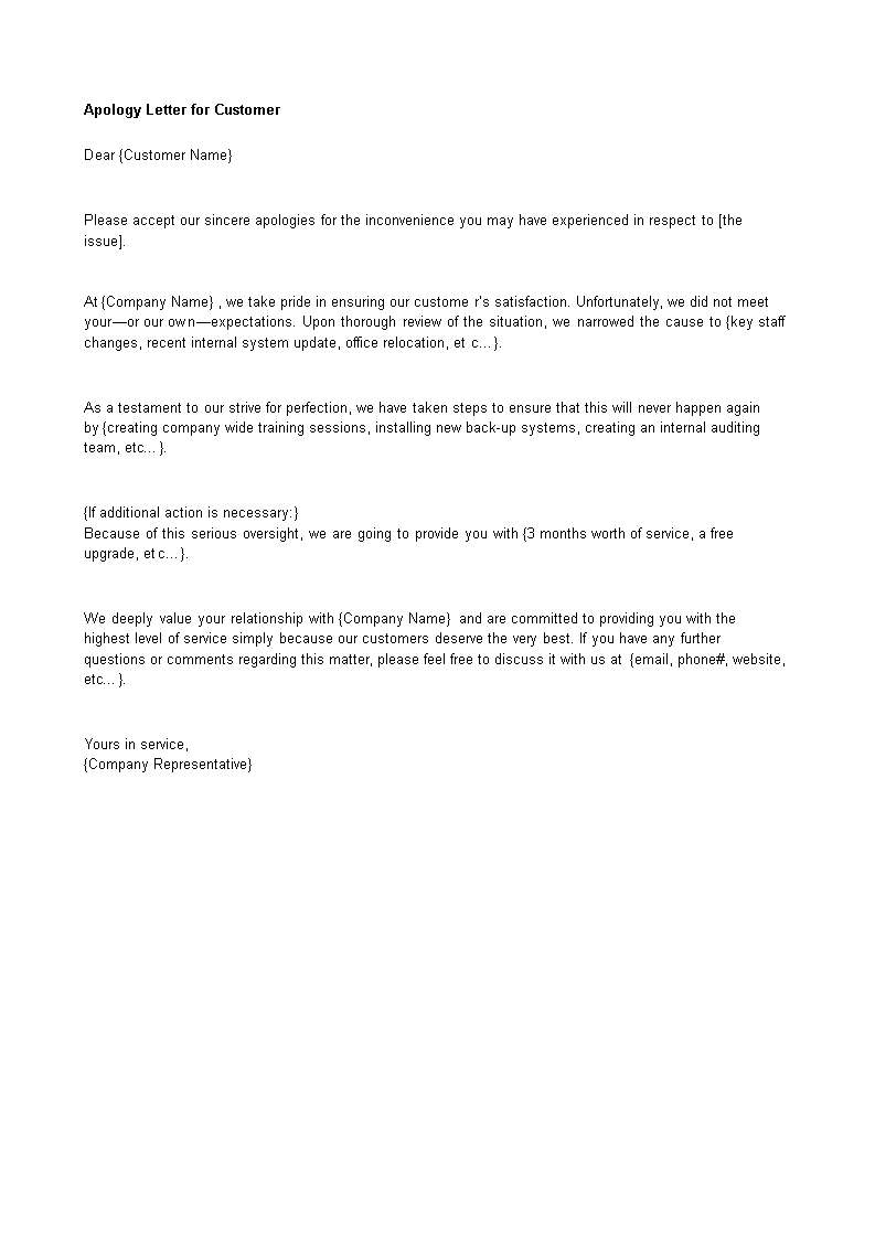 letter of apology to a customer template