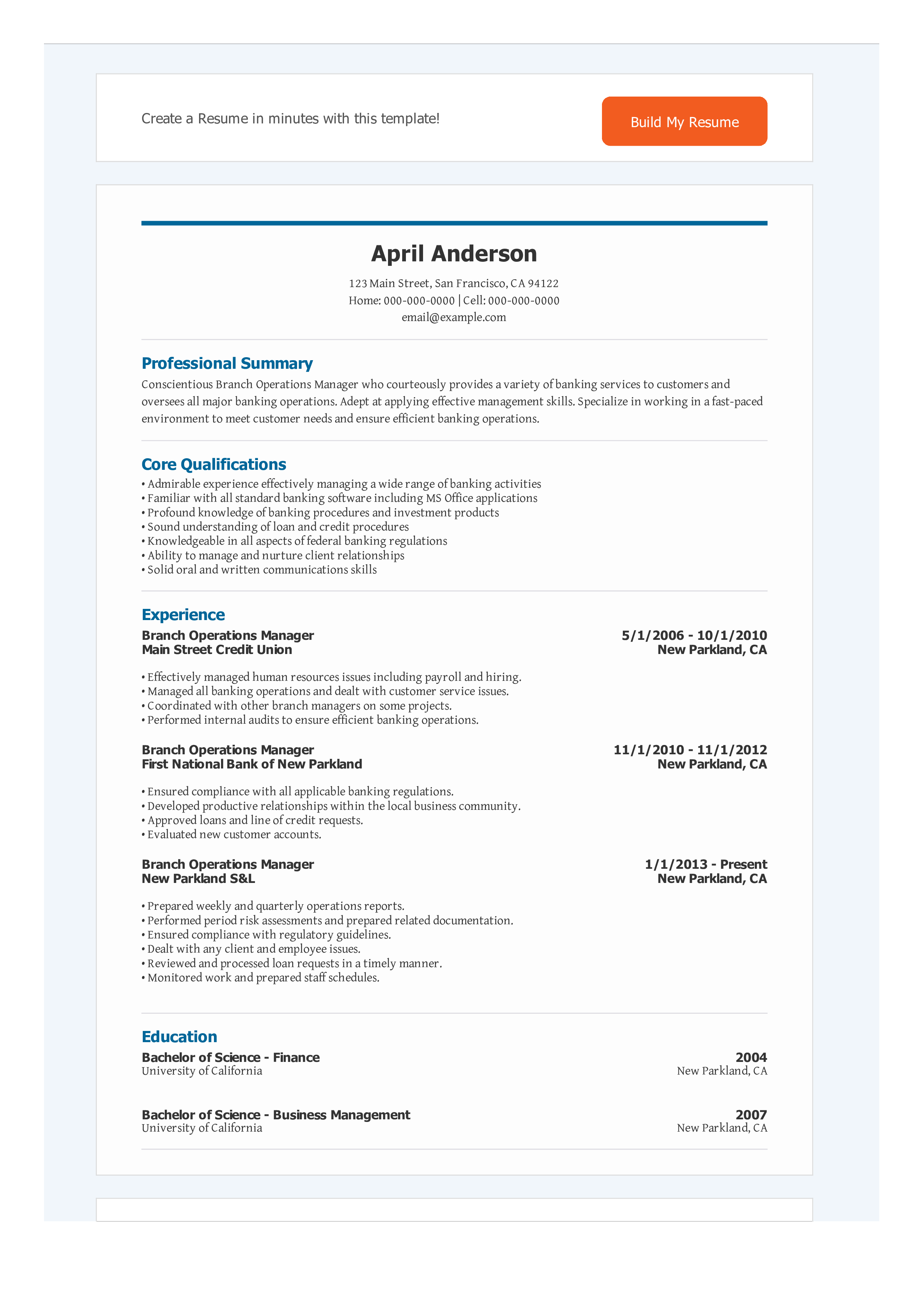 Banking Operations Manager Resume 模板