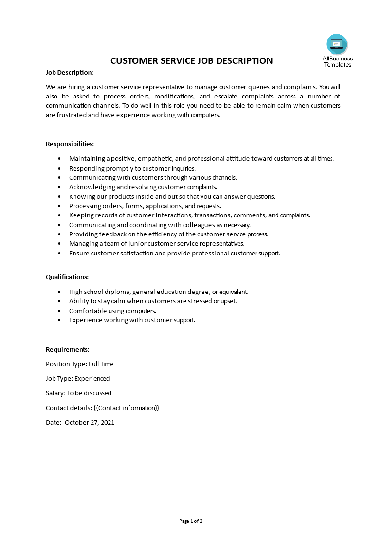 customer service job description plantilla imagen principal