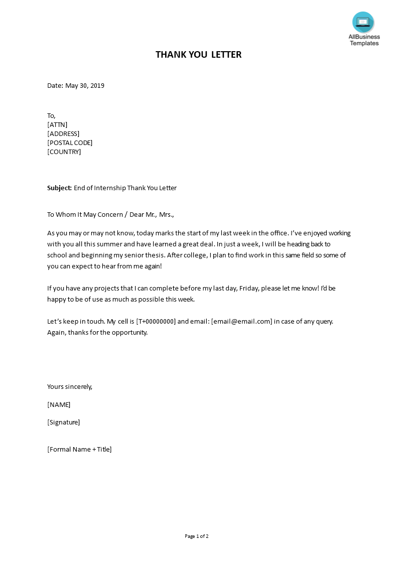 sample end of internship thank you letter template