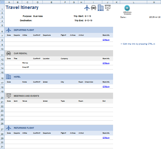 travel itinerary in excel modèles