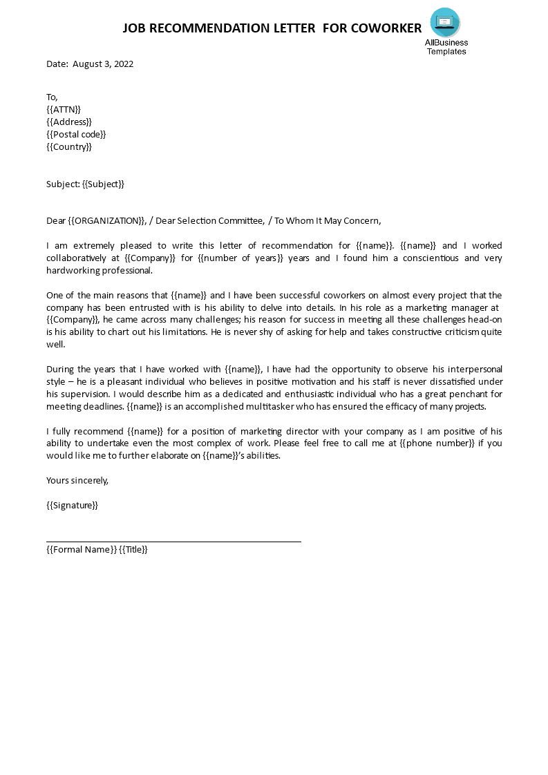 job recommendation letter for coworker voorbeeld afbeelding 