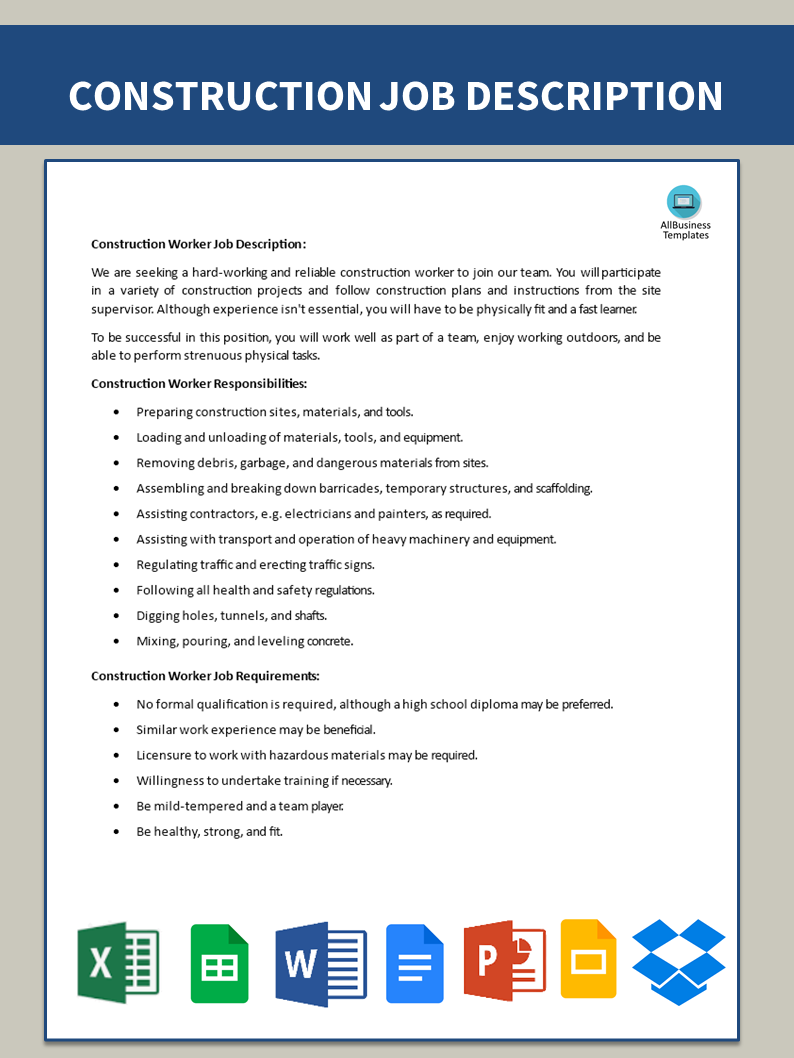 construction worker job description template