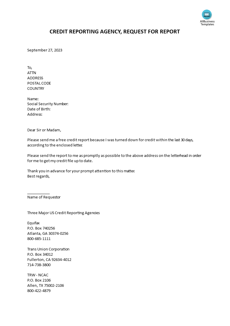 Credit Reporting Agency, Request For Report 模板