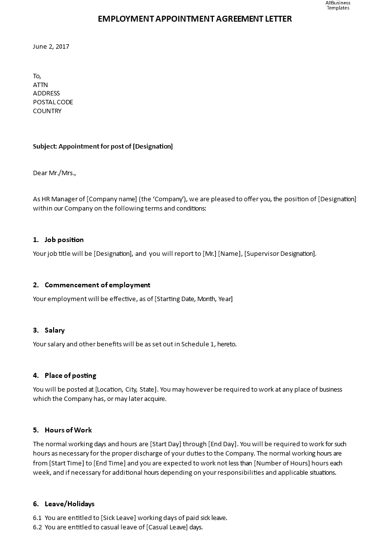 employment appointment agreement letter template