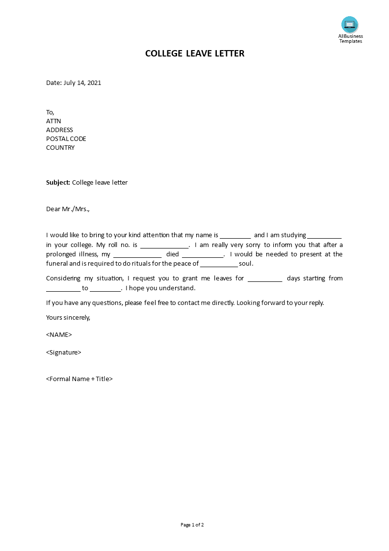 college leave letter template