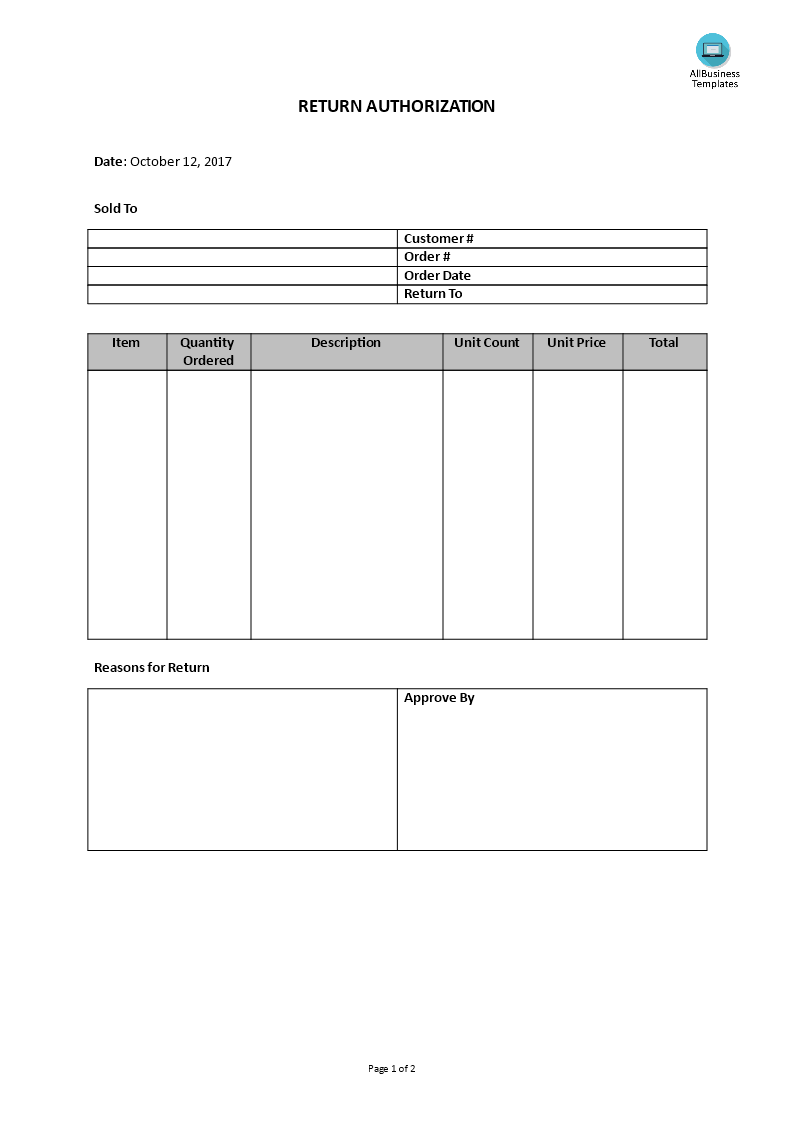 customer service - return authorization template