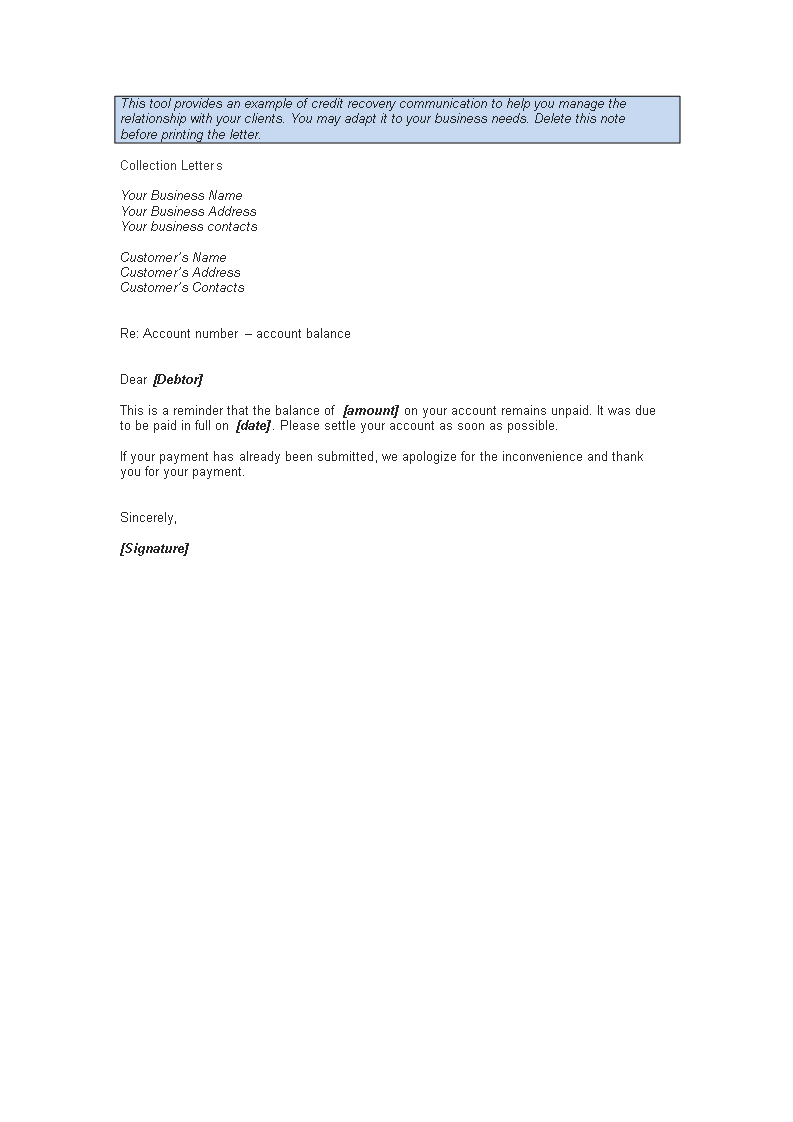 debtor collection sample letter template