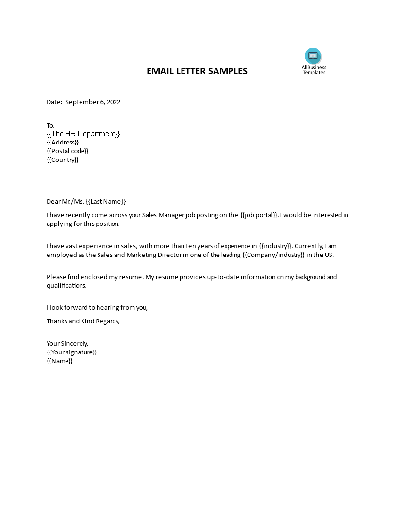 simple email application letter template