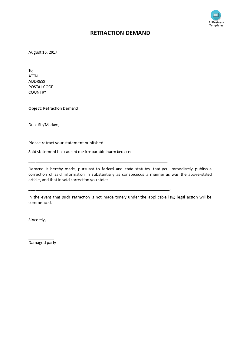 retraction demand letter Hauptschablonenbild