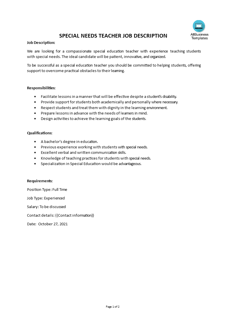 special needs teacher job description template