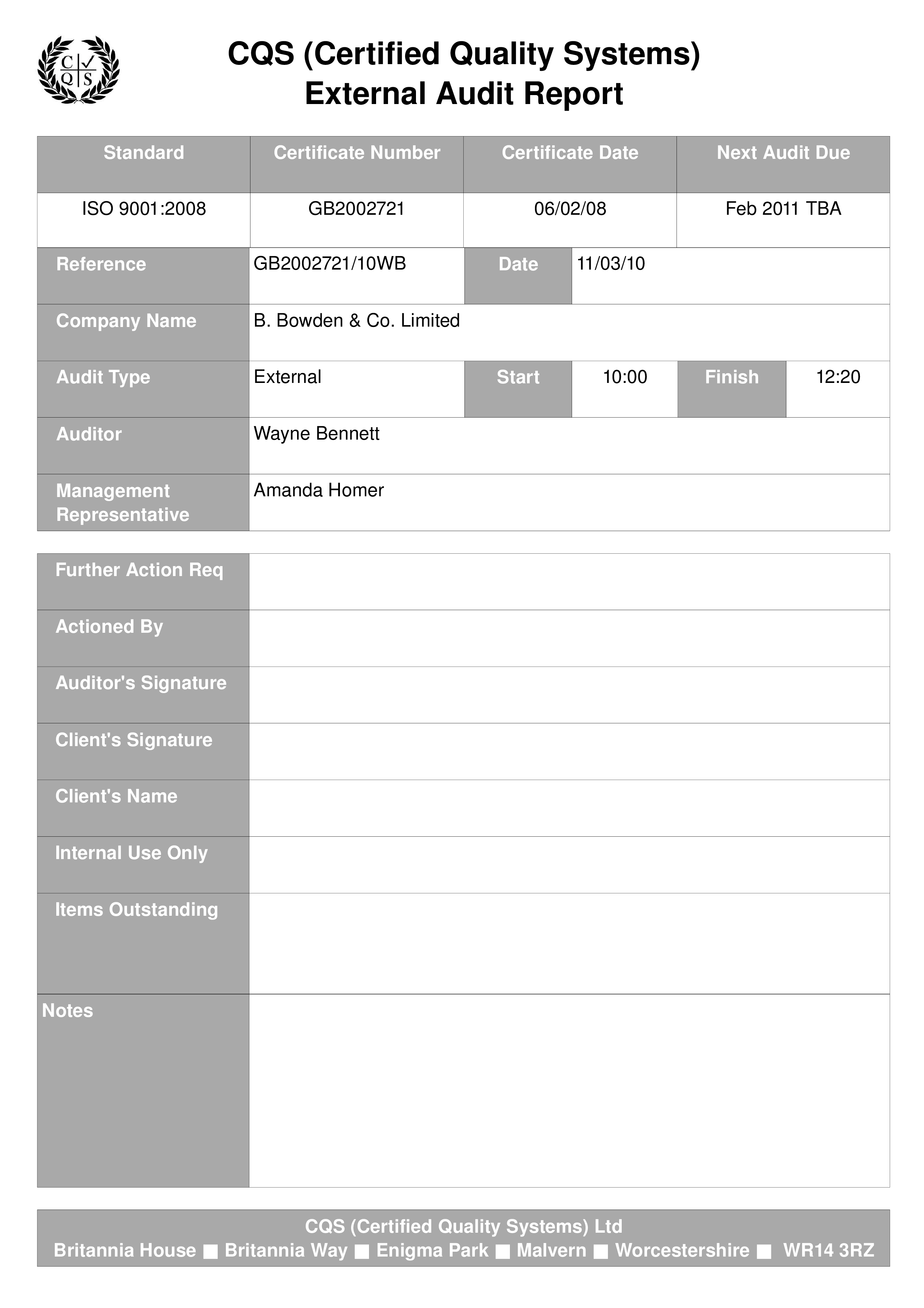 quality system audit report modèles