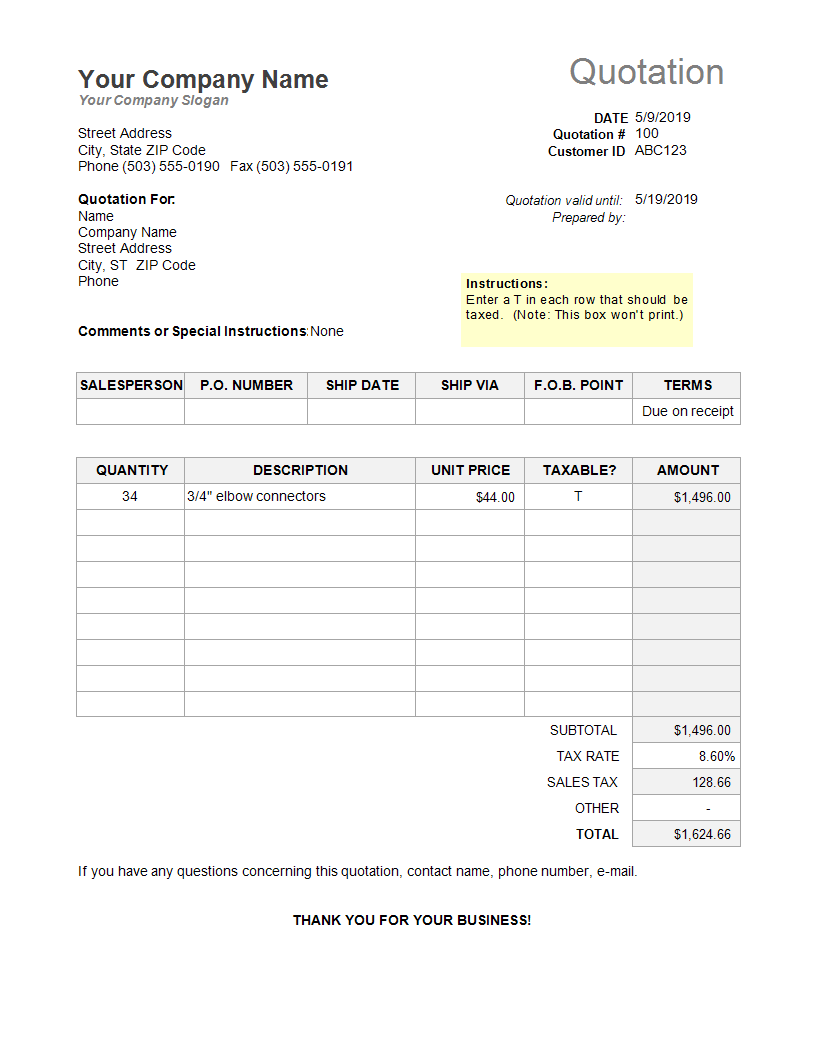 Quote Worksheet Template 模板