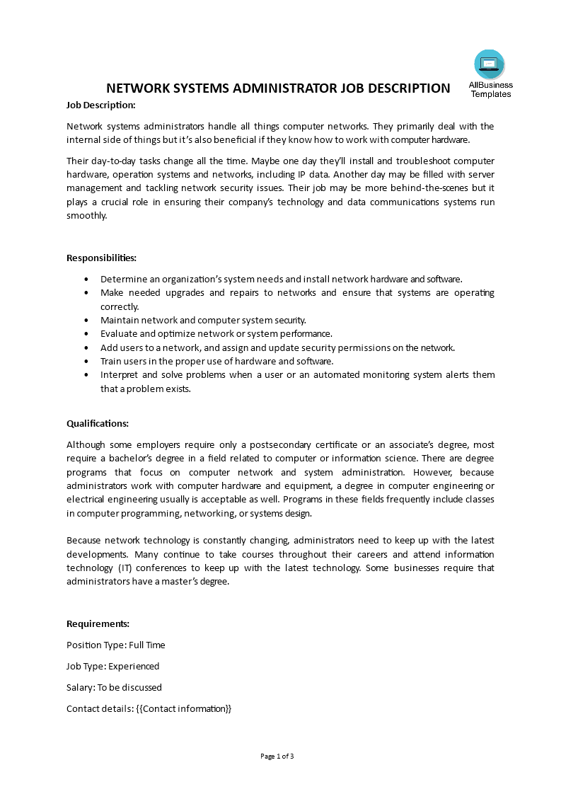 network systems administrator job description template