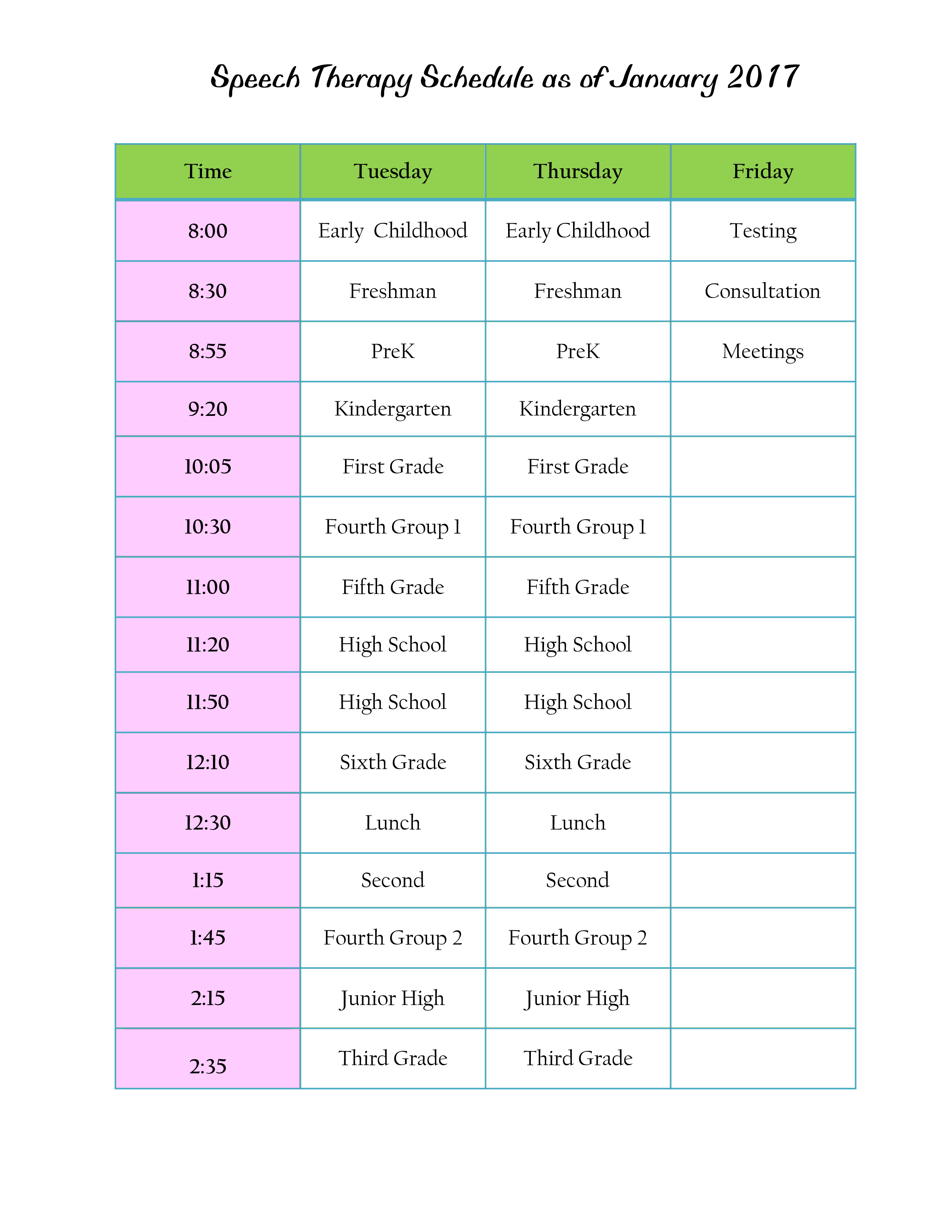 Speech Therapy Schedule main image