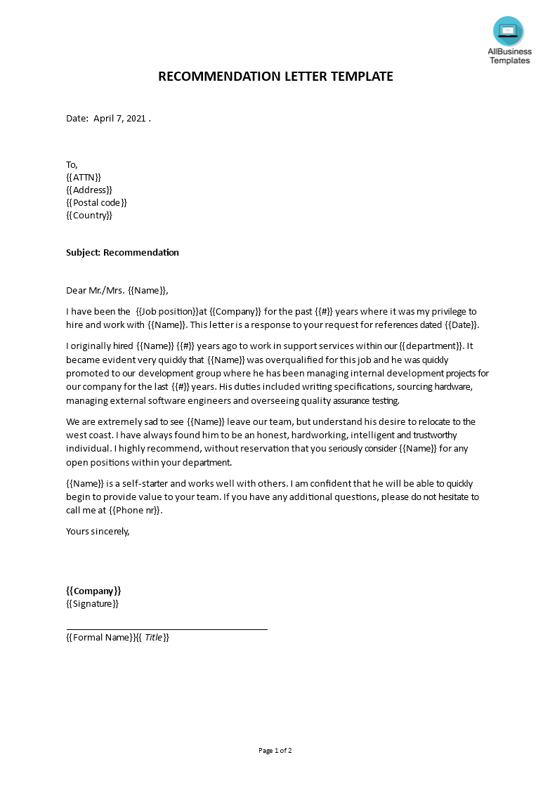 Recommendation Letter Template main image