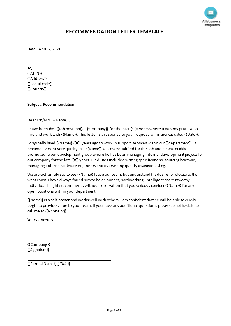 recommendation letter template voorbeeld afbeelding 