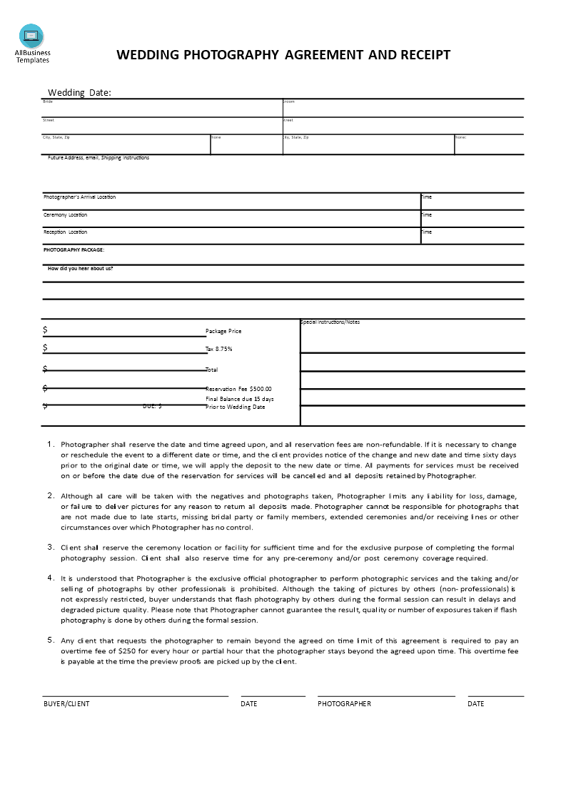 wedding photo shoot agreement receipt voorbeeld afbeelding 