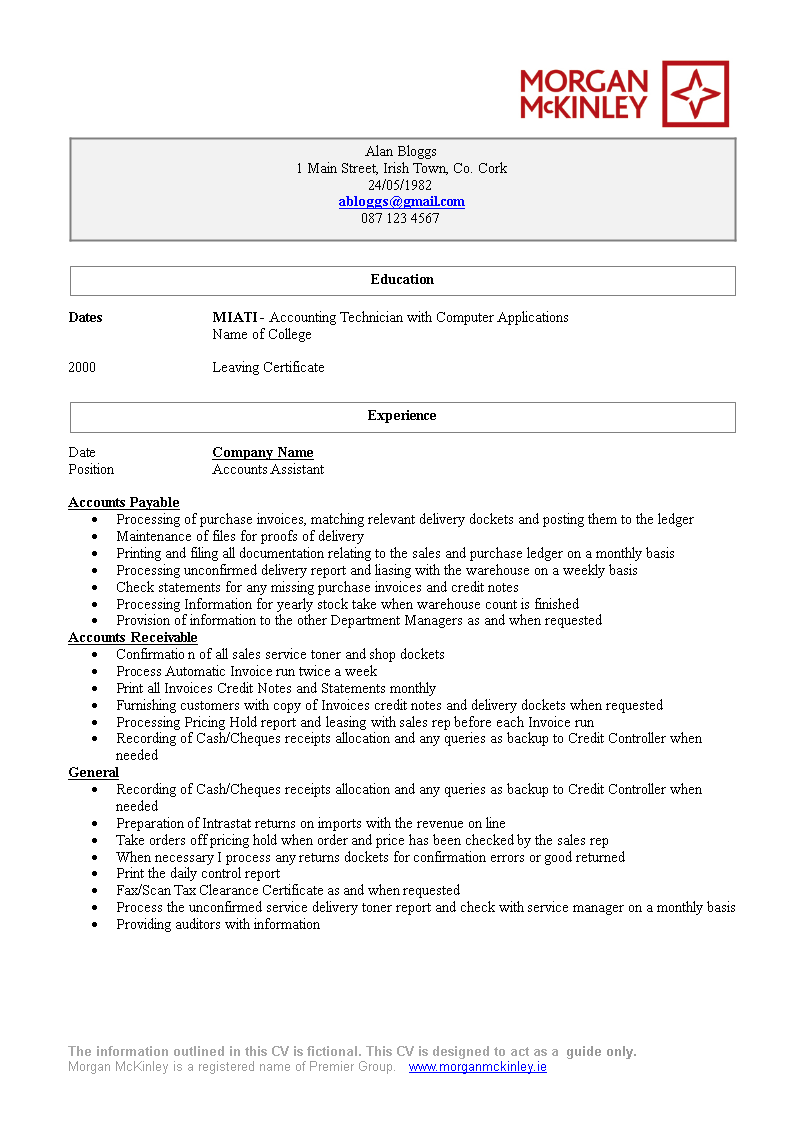 accounting assistant cv modèles