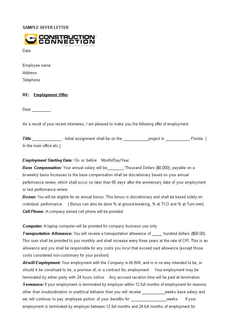 construction company offer letter template
