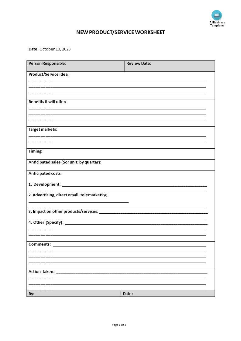 marketing worksheet new product template