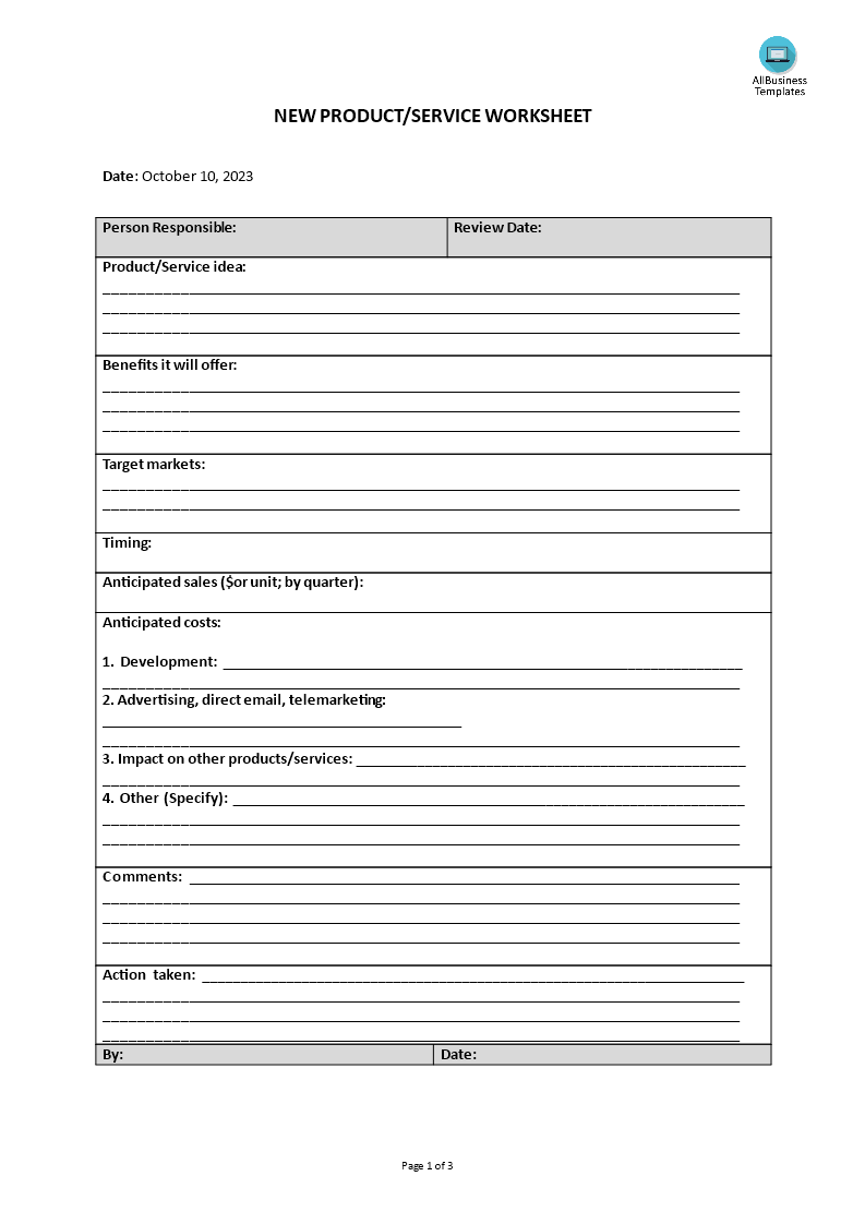 marketing worksheet new product voorbeeld afbeelding 