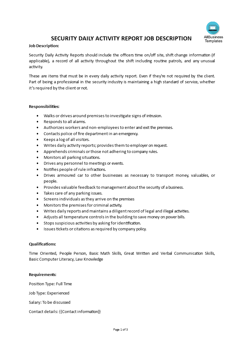 security daily activity report job description template