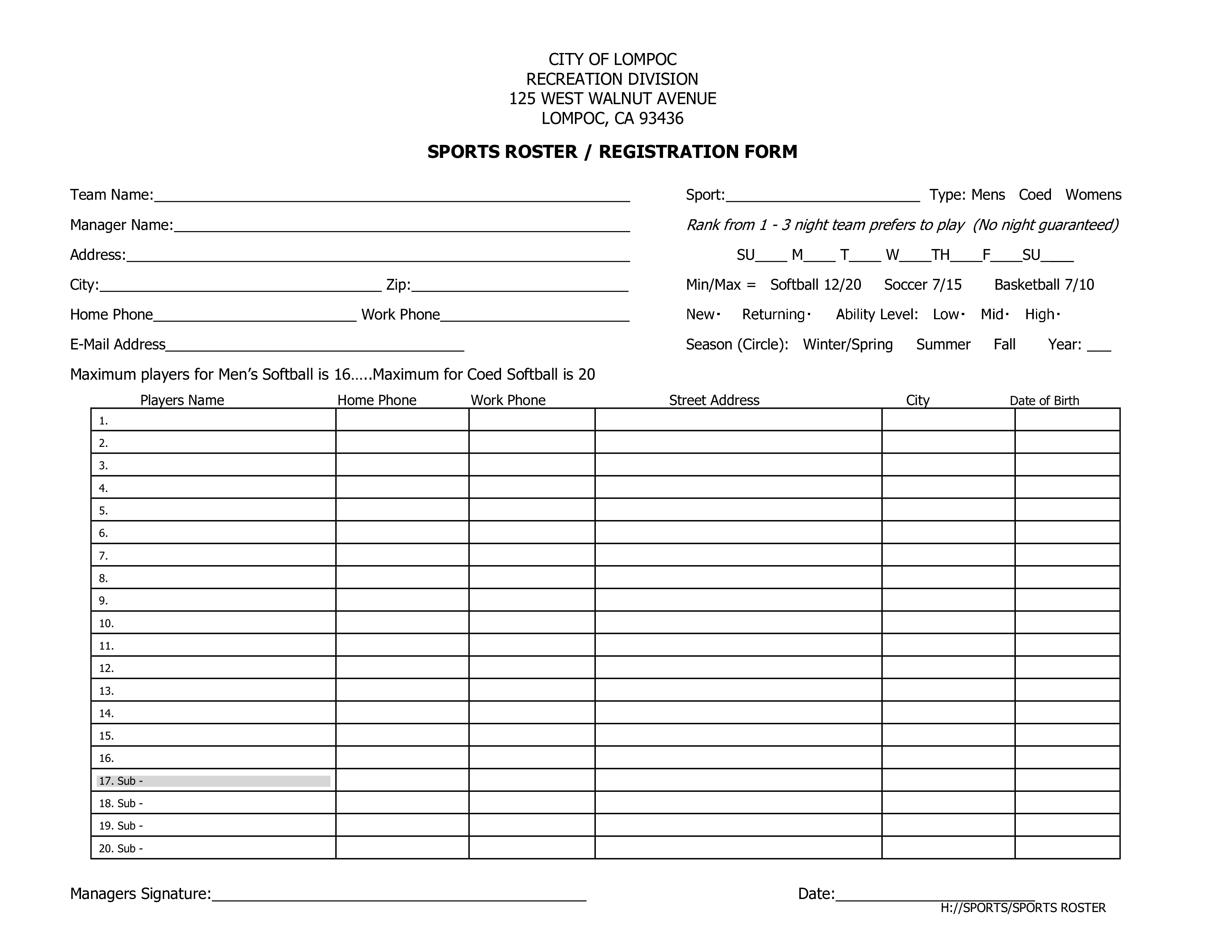 sports roster and registration form Hauptschablonenbild