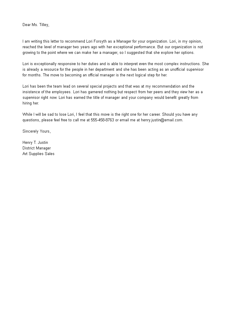 manager recommendation letter template