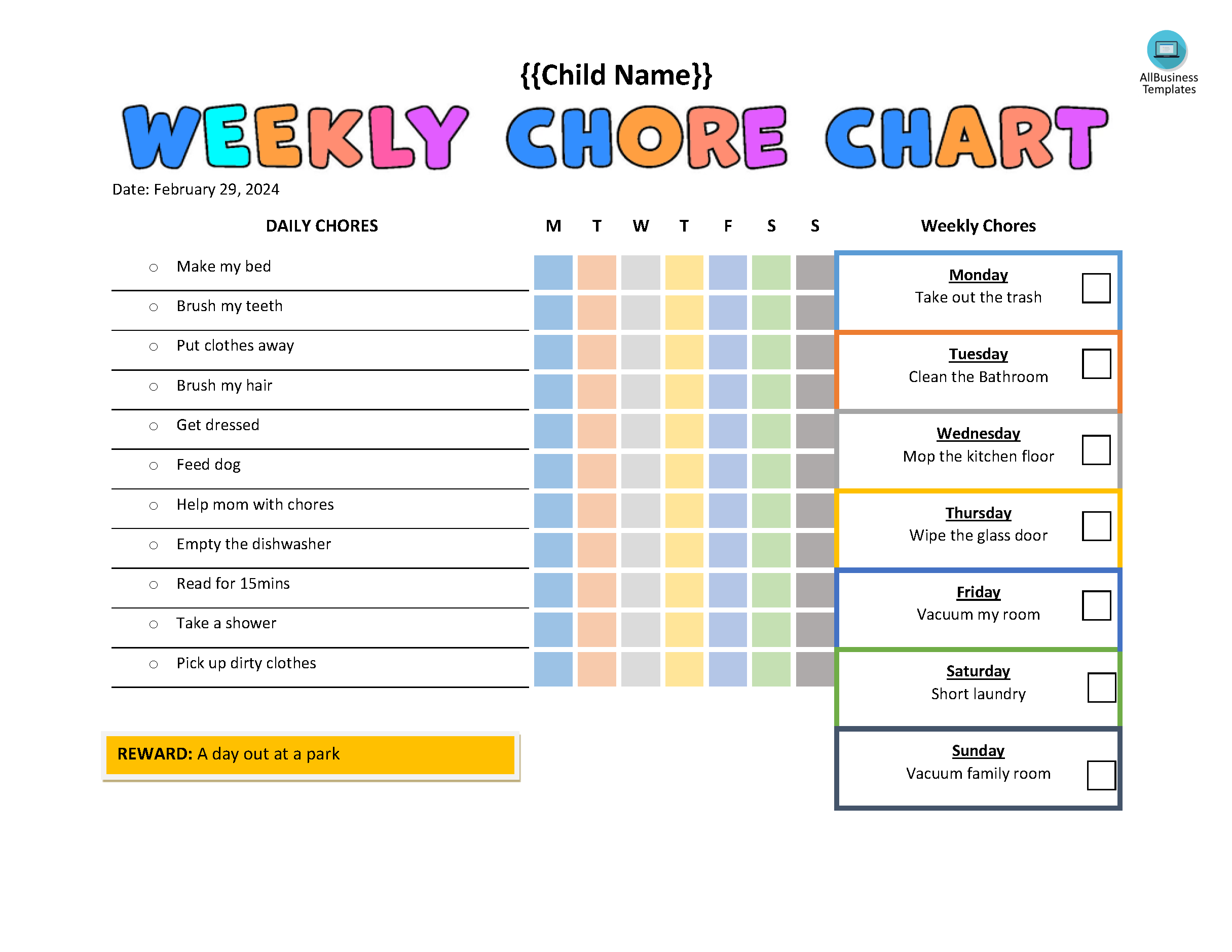 weekly chore chart for kids voorbeeld afbeelding 