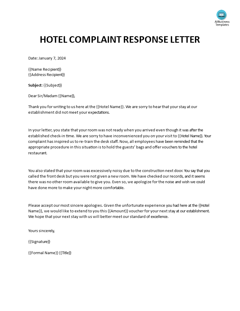 hotel complaint response letter template