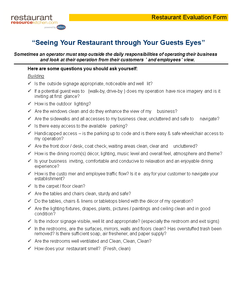 restaurant evaluation form voorbeeld afbeelding 