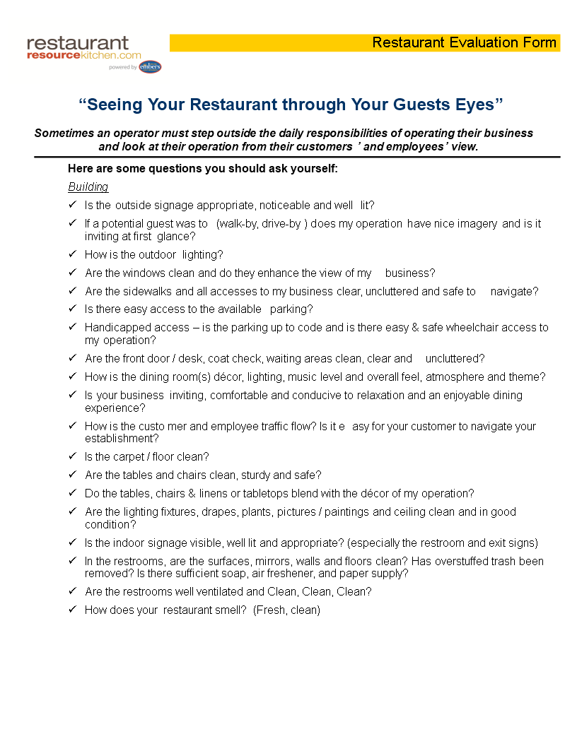 restaurant evaluation form Hauptschablonenbild