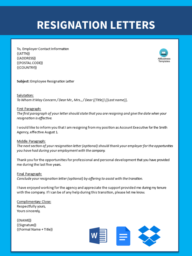 account executive email resignation letter template