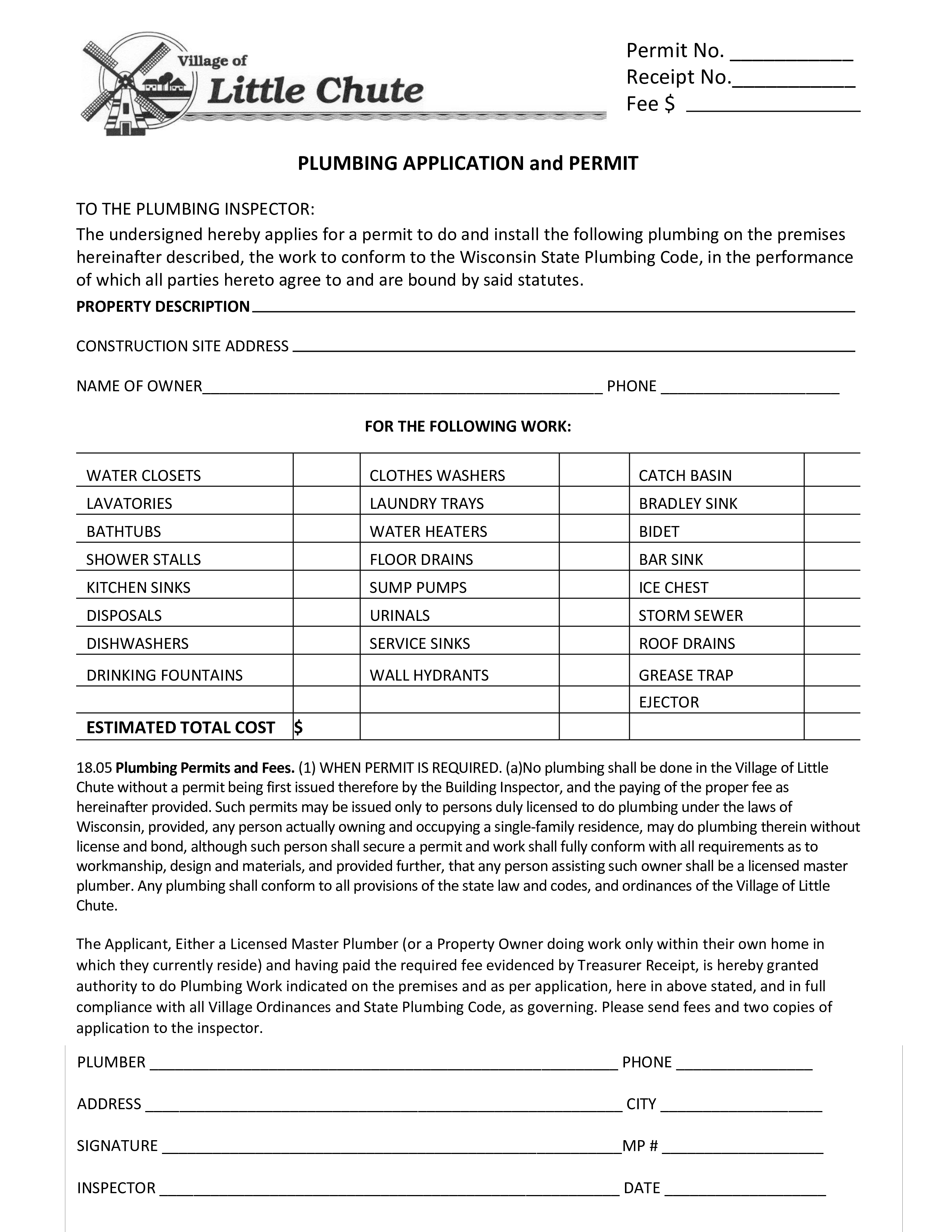 Plumbing Application & Permit Receipt 模板