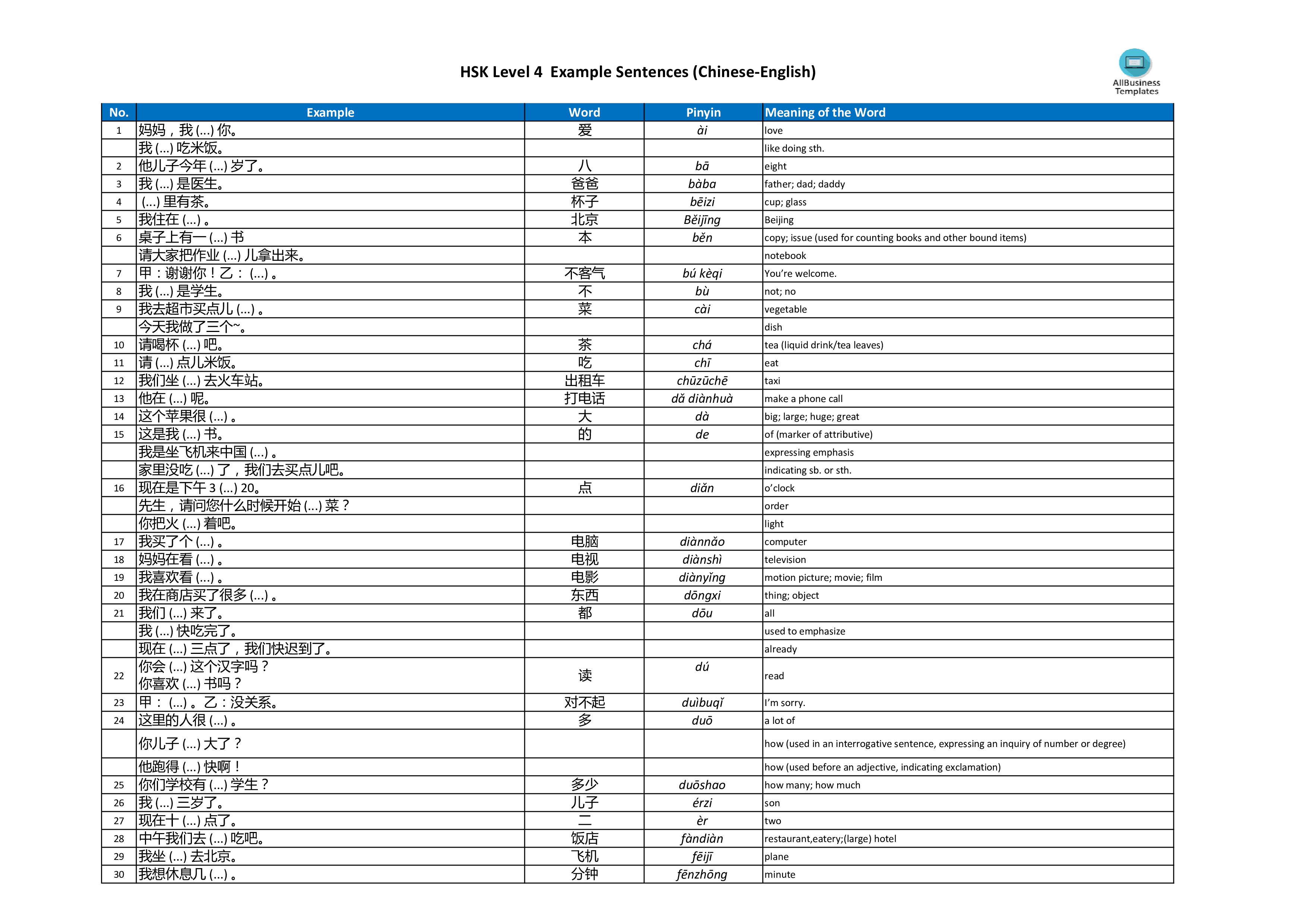 hsk 4 example sentences template