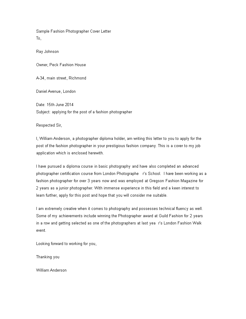 fashion photography cover letter template