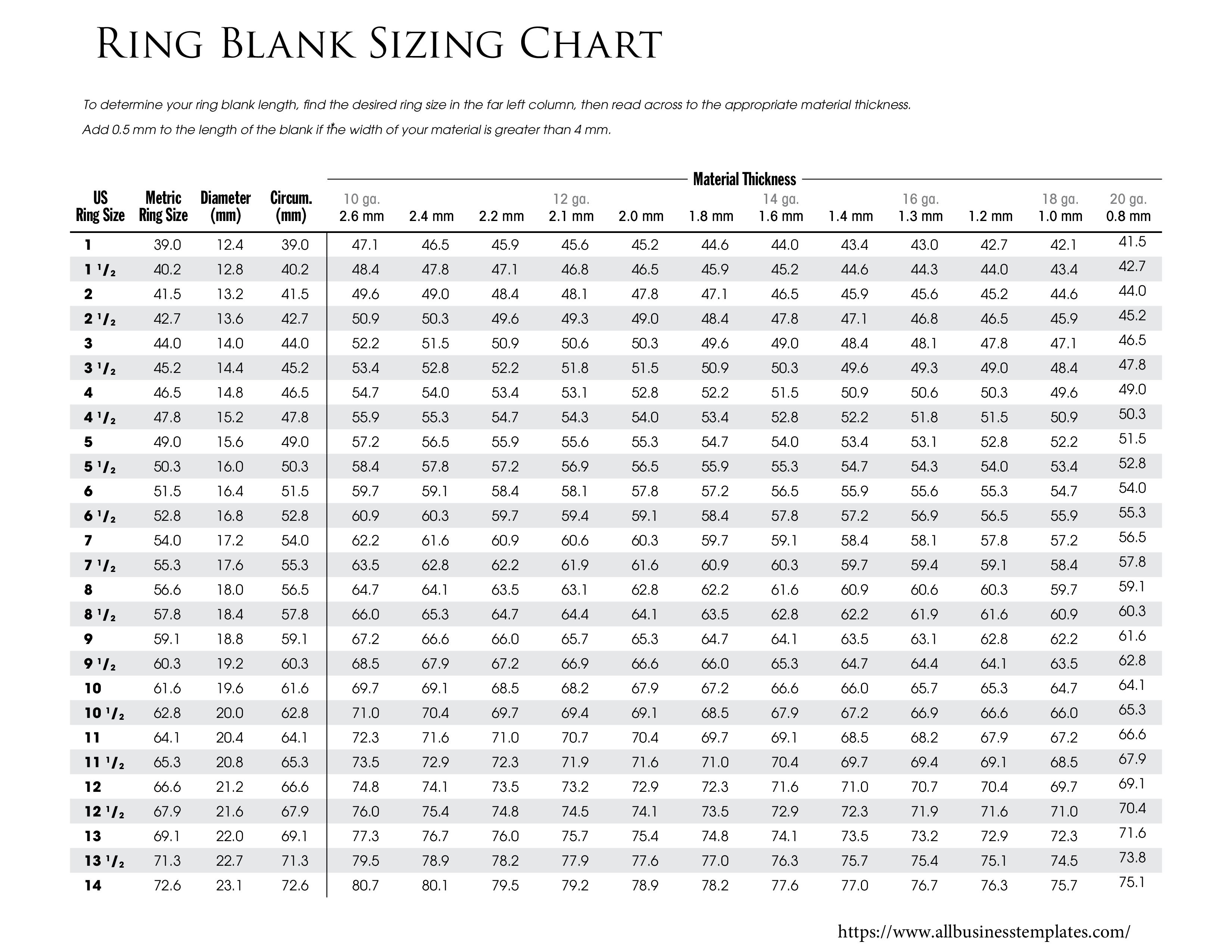 ring blank size chart template