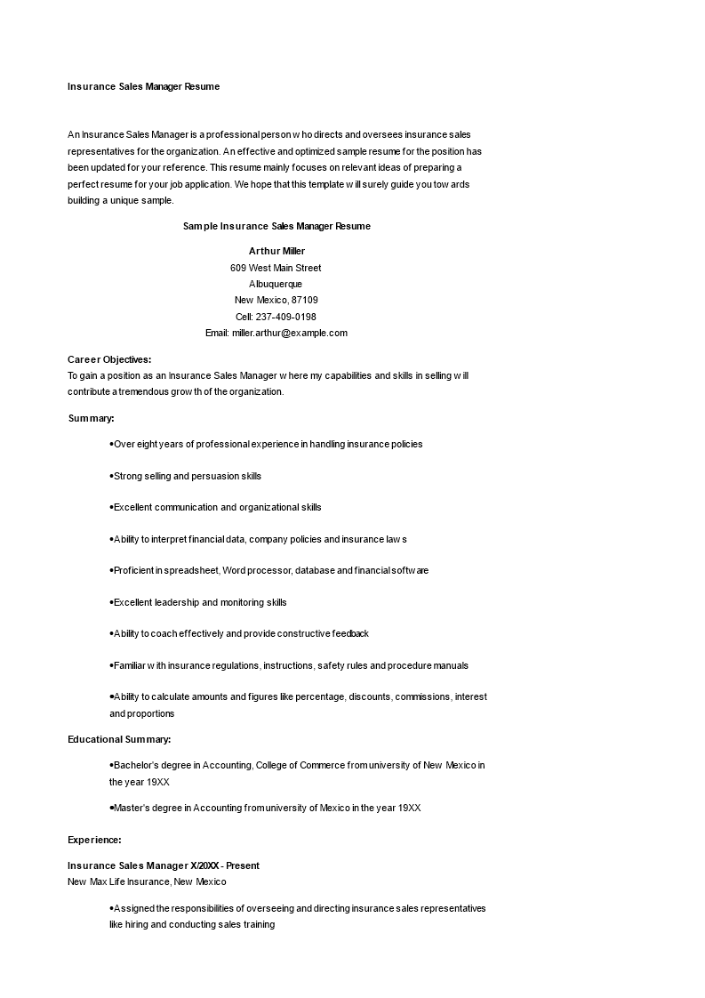 Insurance Sales Manager Resume 模板