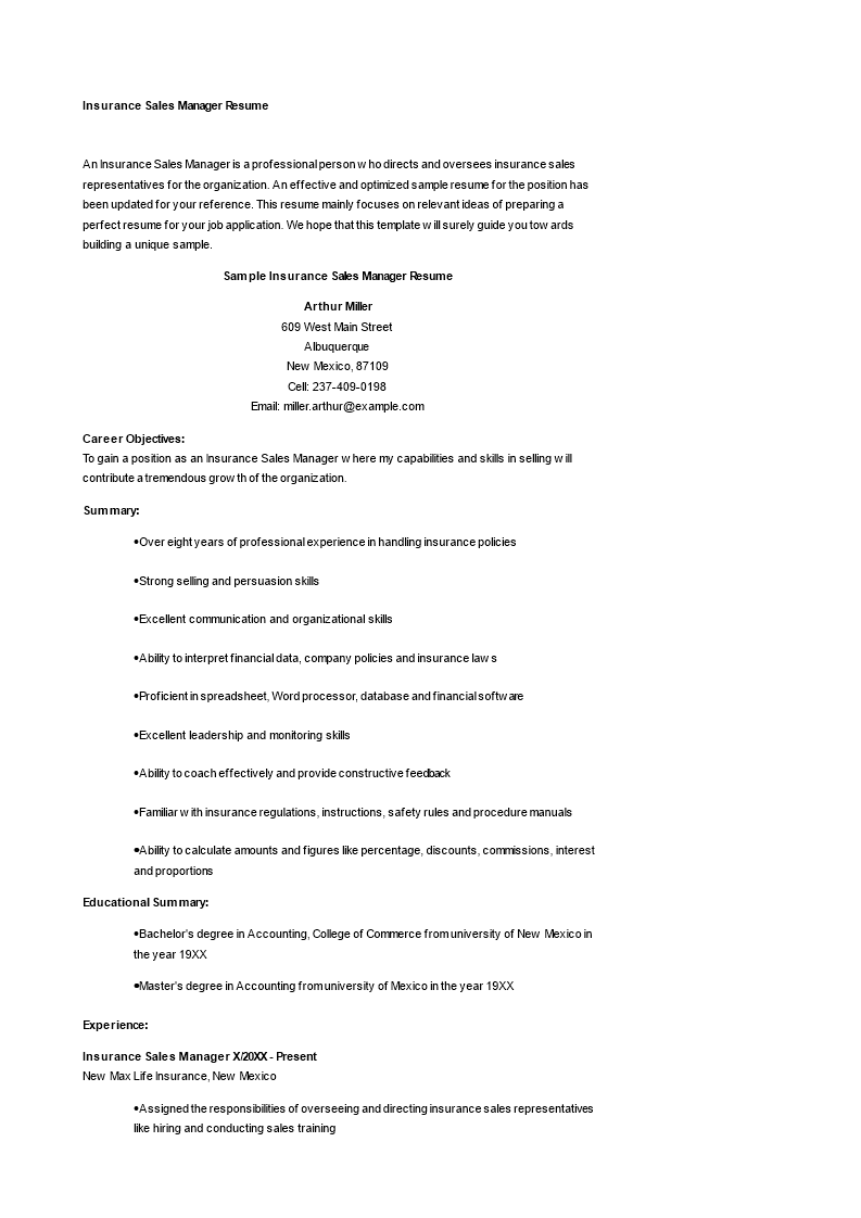 insurance sales manager resume modèles