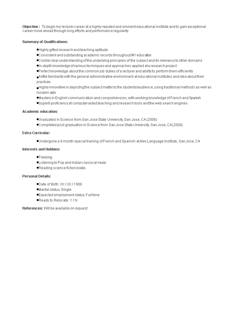 fresher lecturer job resume sample template